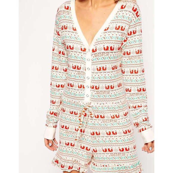 Wildfox Long Sleeve Snap-Button Front Waist-Tie Ruffled Shorts Romper Playsuit L - Picture 15 of 16